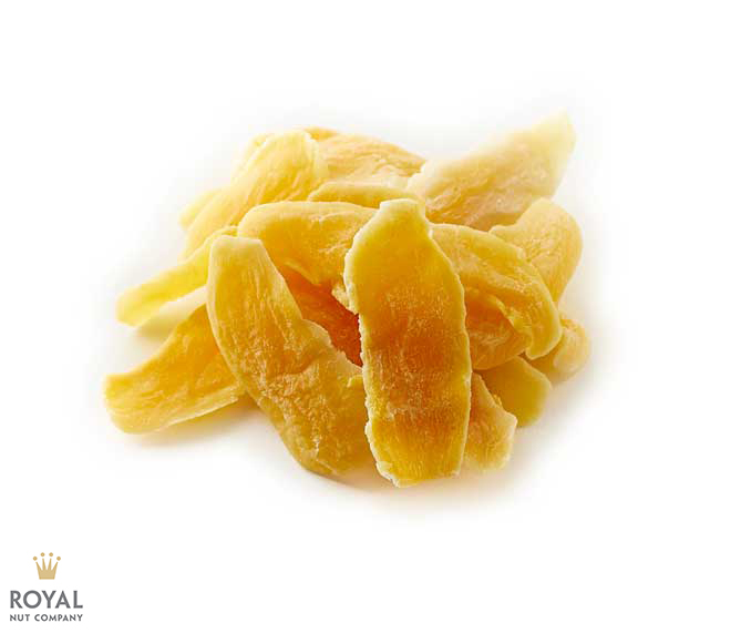mango spears white background with a pile of yellow diced mango