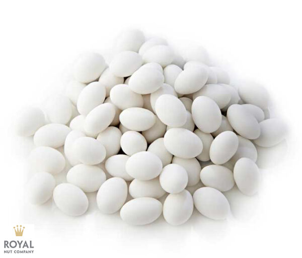 white background with a pile of white sugar coated almonds