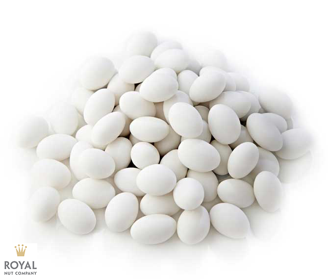 Sugar Coated Almonds White white background with a pile of white sugar coated almonds