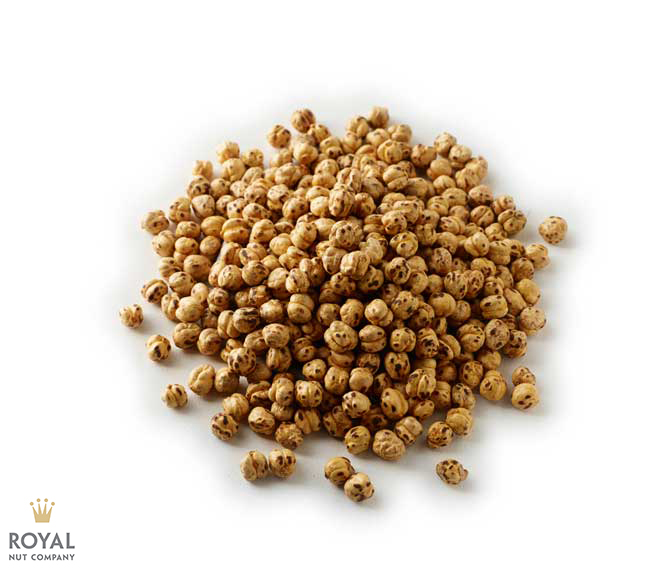 Double Roasted Yellow Chickpeas white background with a pile of Double Roasted Yellow Chickpeas in the middle