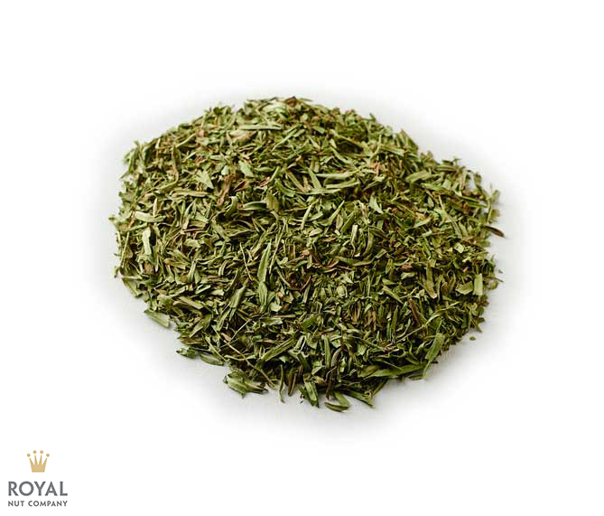 tarragon leaves white background with a pile of green tarragon leaves