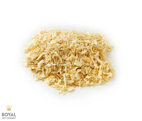 white background with a pile of yellow Onion Flakes