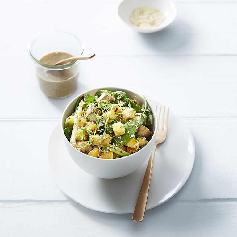 chicken-and-snow-pea-almond-salad-with-mango-salsa
