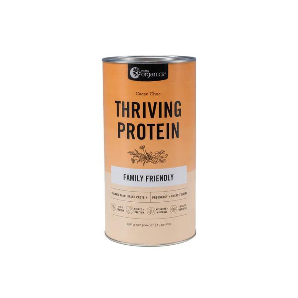 nutra organics thriving protein cacao choc white background with an orange can of nutra organics powder protein