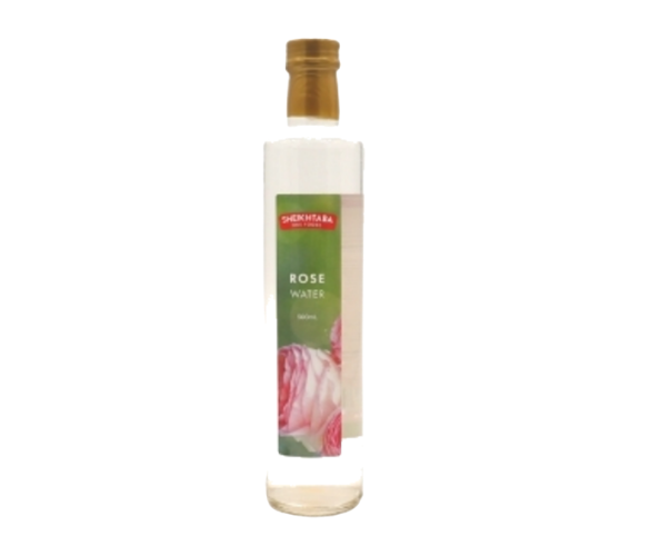 Sheikhtaba Rose Water White background with a rose water bottle in the middle