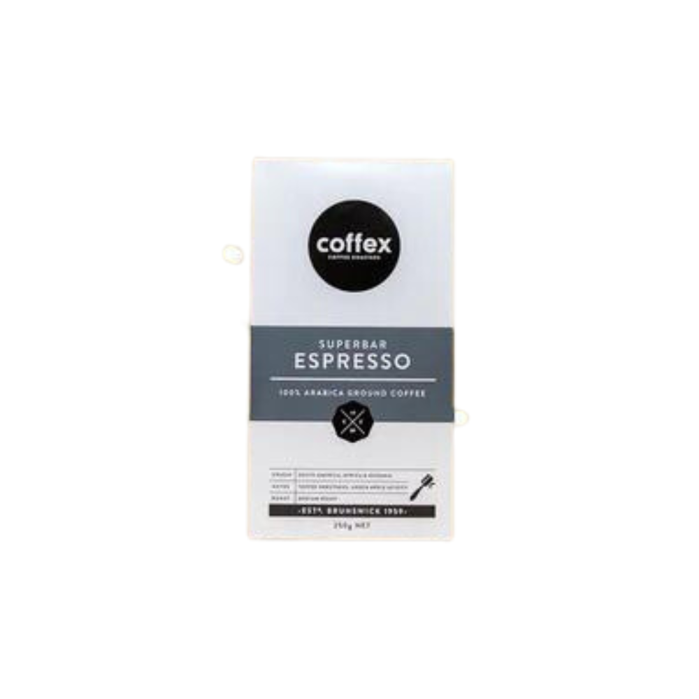 Coffex - Expresso ground Coffex - Espresso ground. A 250g bag with ground coffee beans.