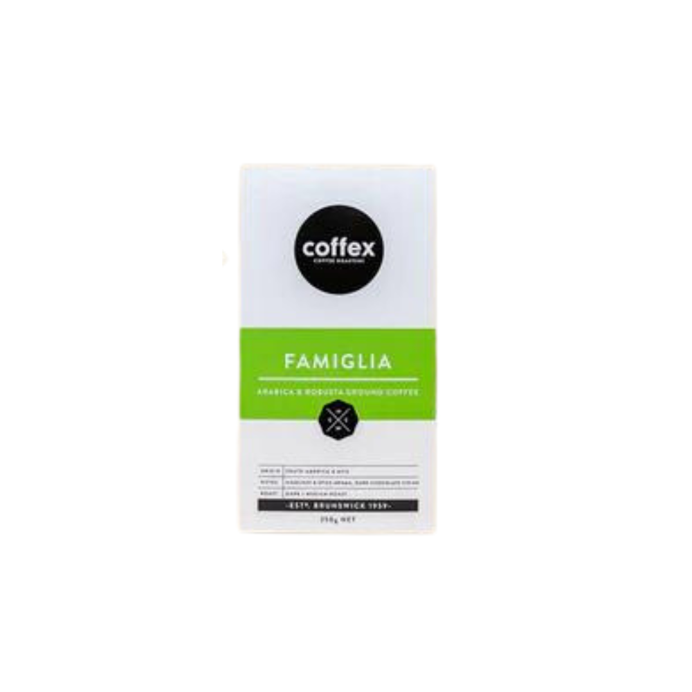 Coffex - Famiglia ground Coffex - Famiglia ground. A 250g bag with ground coffee beans.