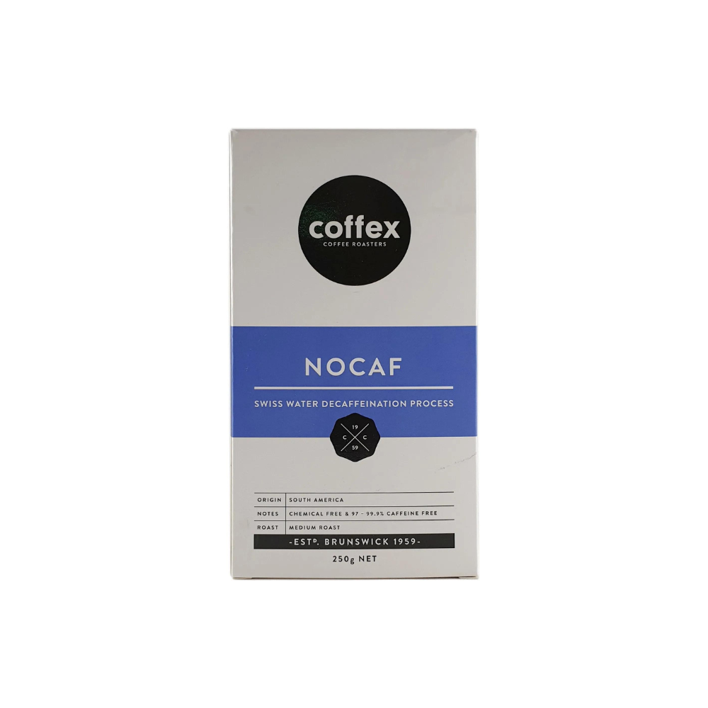Untitled design (44) Coffex - Nocaf ground. A 250g bag of decaf ground cofee.