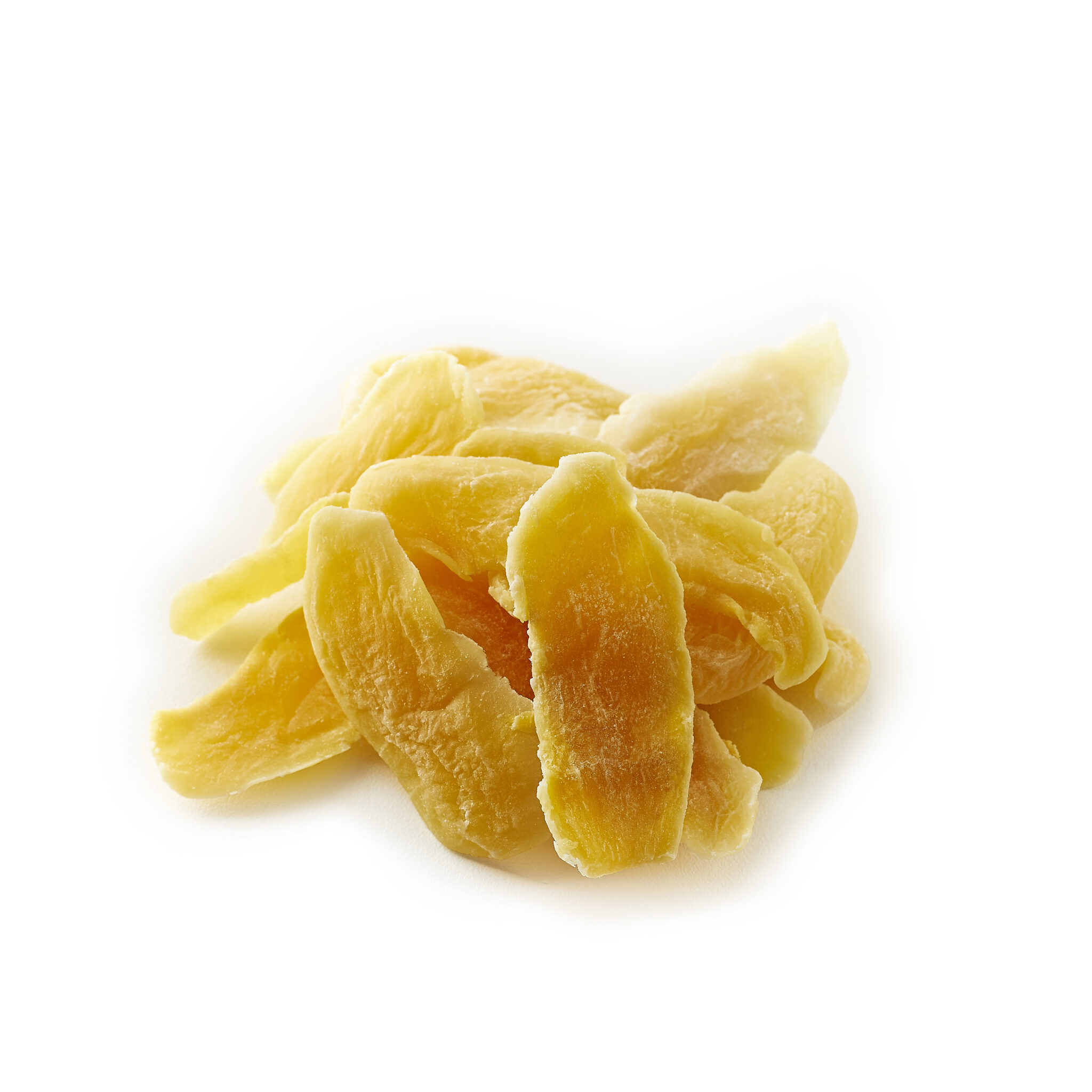 Mango Spears low sugar white background with a pile of yellow dried mango in the middle