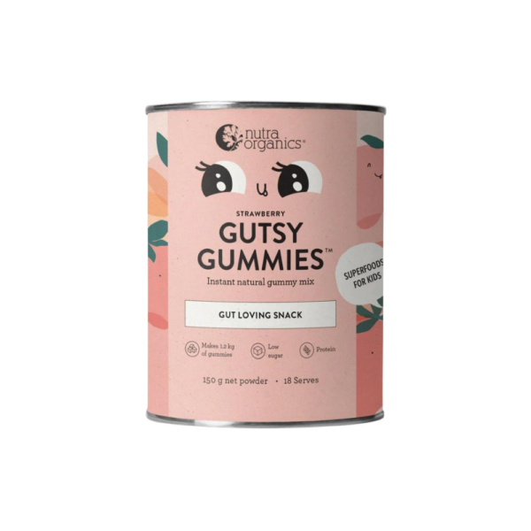 white background with a pink can of gutsy gummies from nutra organics