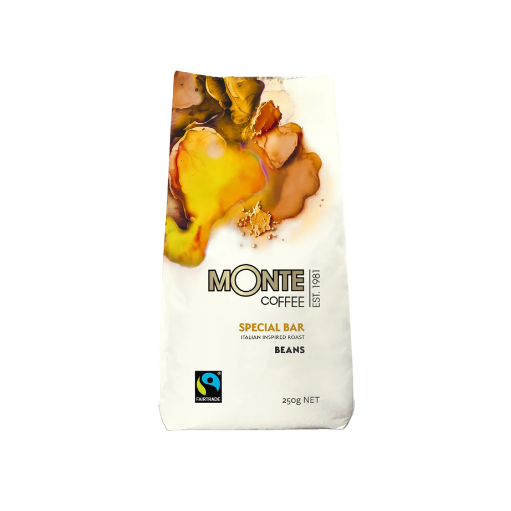 Monte coffee - Special bar beans white background with a yellow bag of Monte coffee - Special bar beans