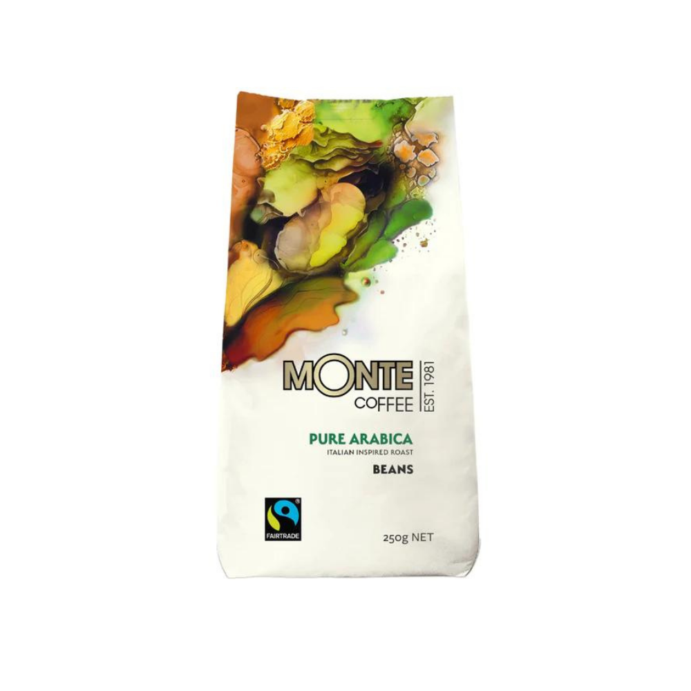 Monte coffee - Pure arabica beans white background with a green bag of Monte coffee - Pure arabica beans