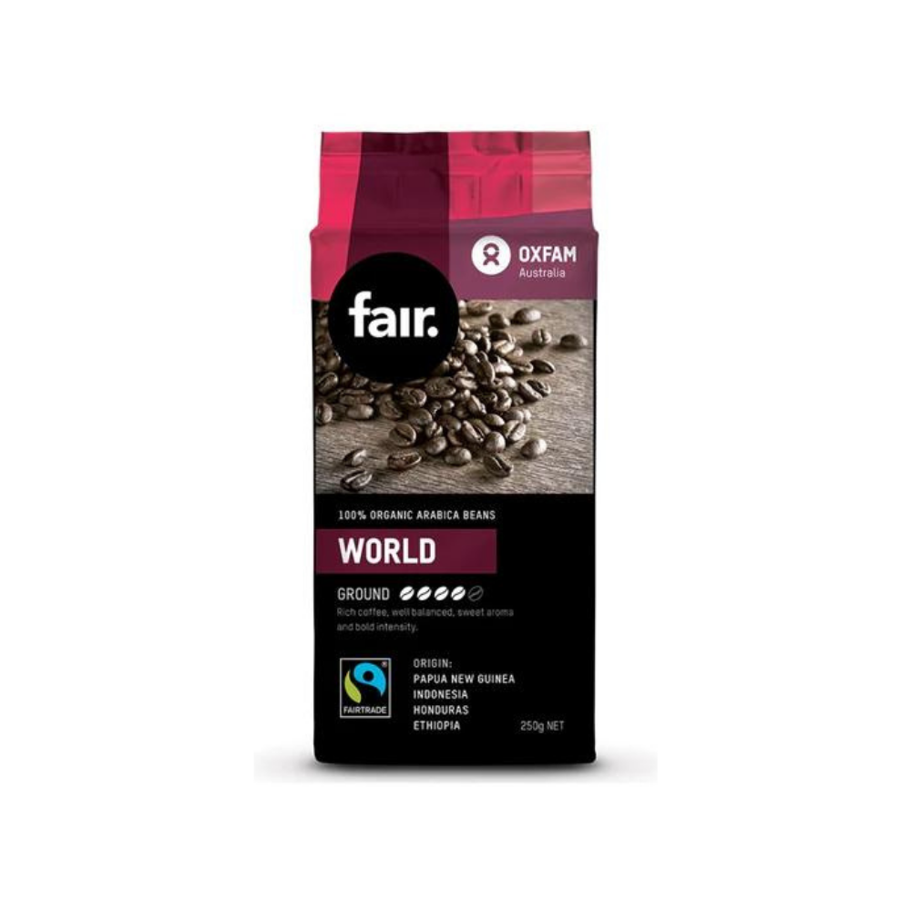 Organic arabica world ground beans white background with black bag of Organic arabica world ground beans