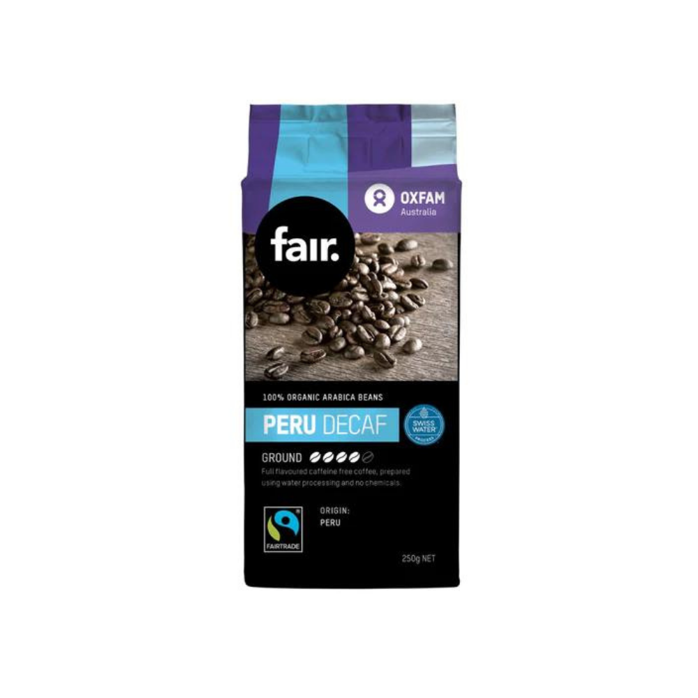 Organic arabica beans ground decaf white background with a purple bag of Organic arabica beans ground decaf