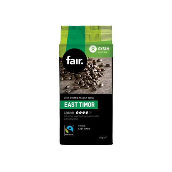 white background with a green bag of Organic arabica east timor ground beans