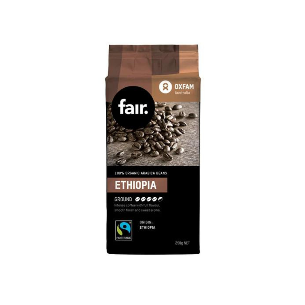 Organic arabica Ethiopian ground beans white background with a brown bag of Organic arabica Ethiopian ground beans
