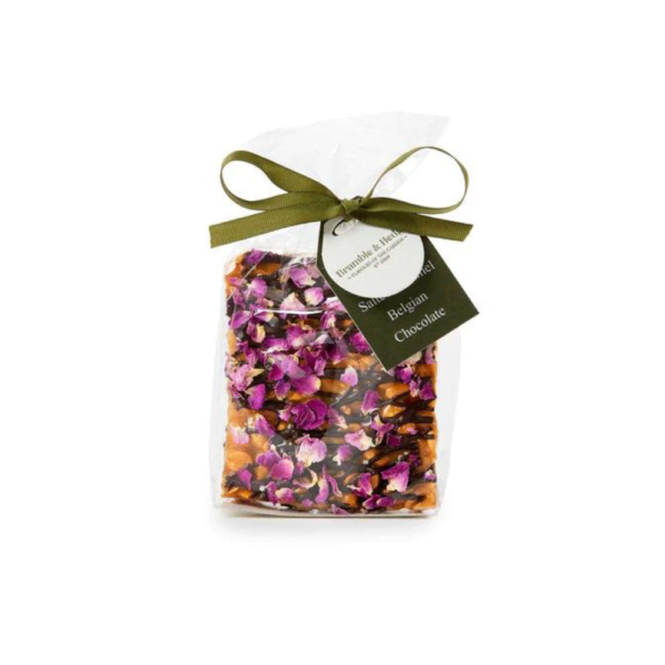 white background image with a Salted Caramel, Rose Petal & Dark Belgian Chocolate Peanut Brittle
