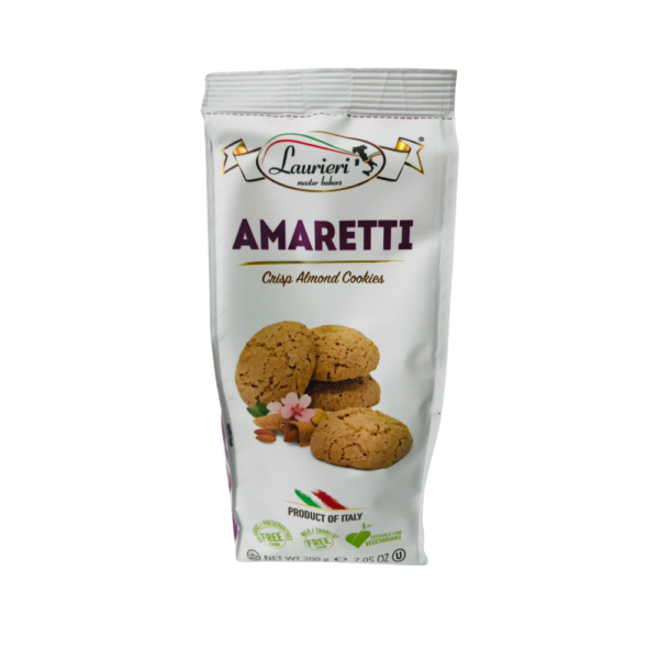 White background image with a bag of Amaretti almond cookies