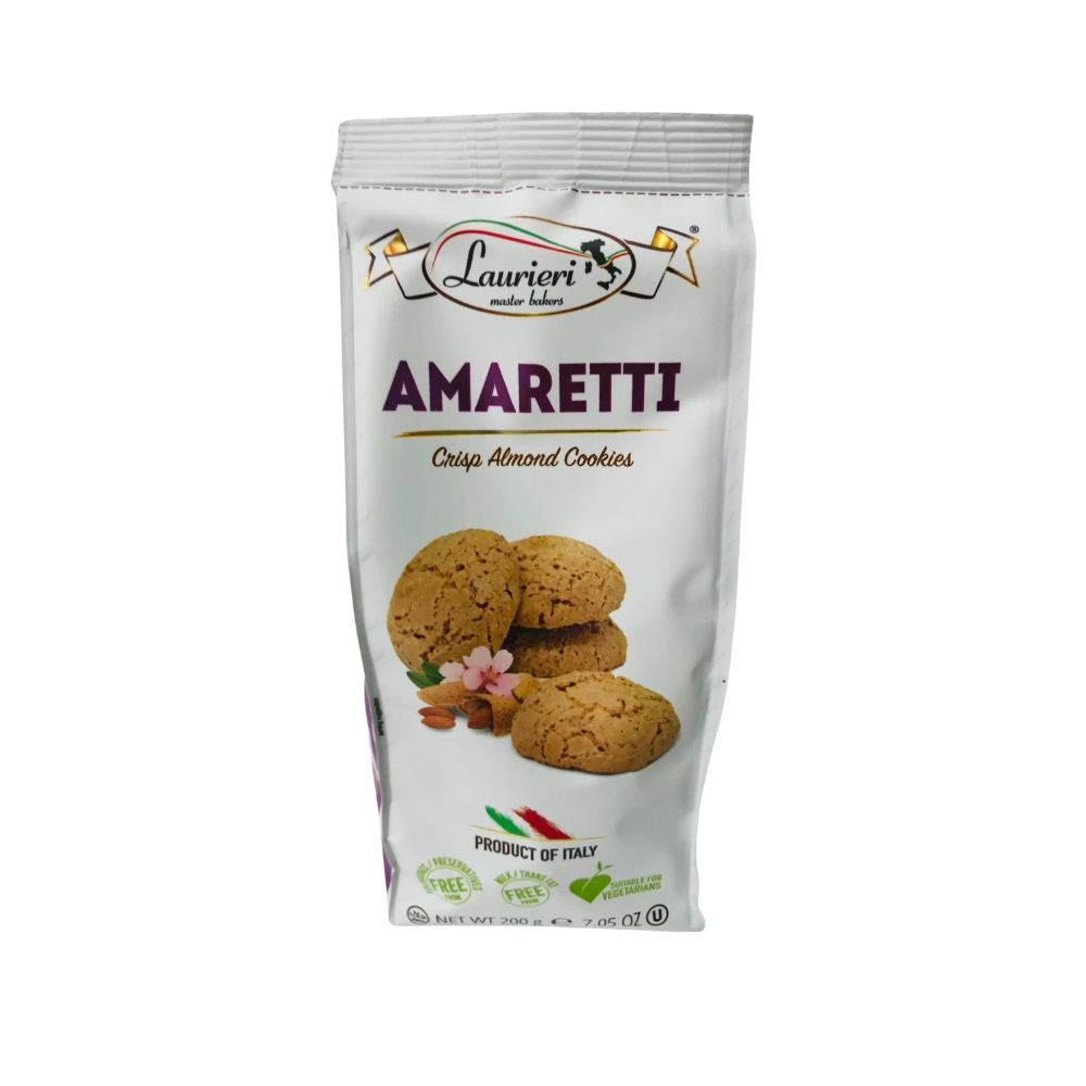 Amaretti almond cookies White background image with a bag of Amaretti almond cookies