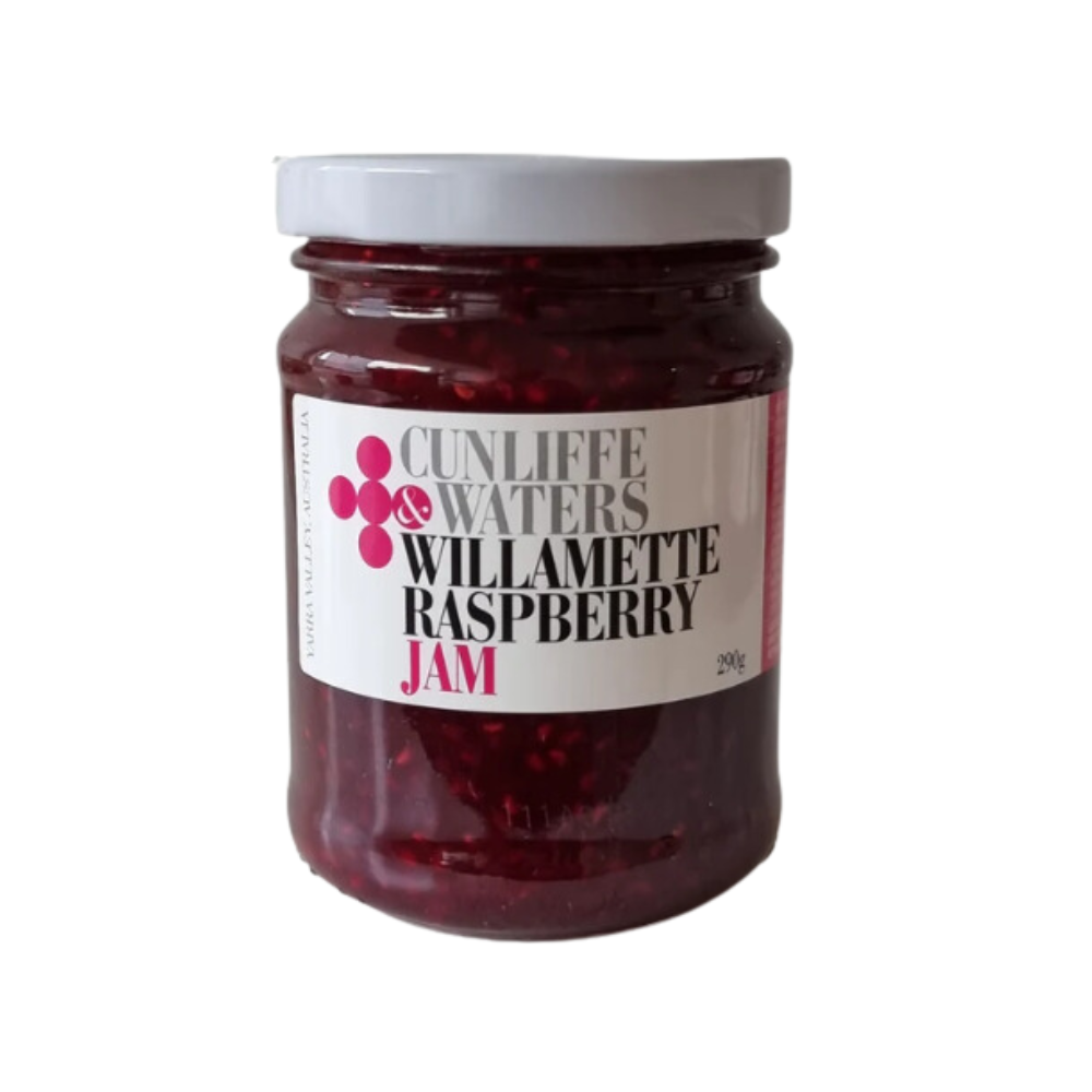 Willamette raspberry jam A white background image with a jar of Willamette raspberry jam
