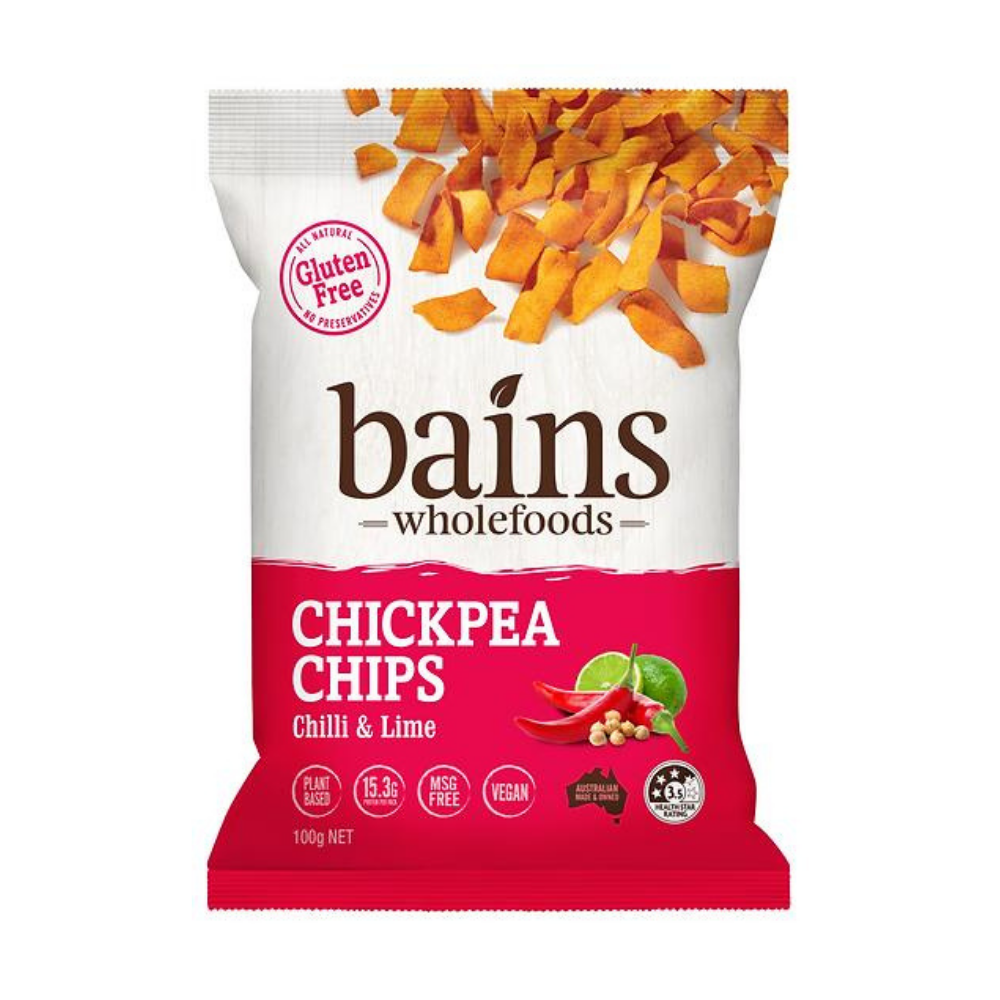 Bains Wholefoods - Chickpea chips chilli & lime white background with a pink bag of Bains Wholefoods - Chickpea chips chilli & lime
