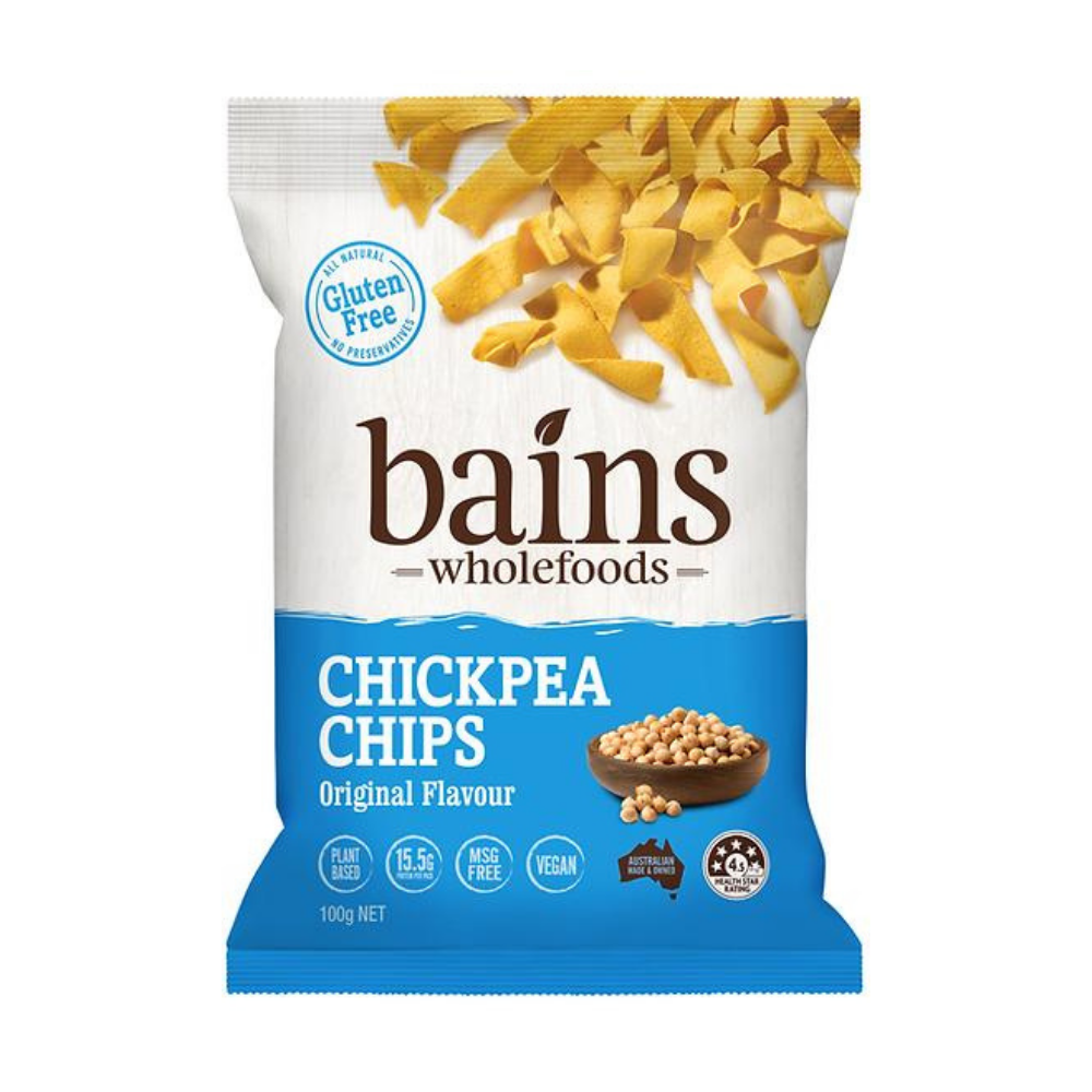 Bains Wholefoods - Chickpea chips original flavour white background with a blue bag of Bains Wholefoods - Chickpea chips original flavour