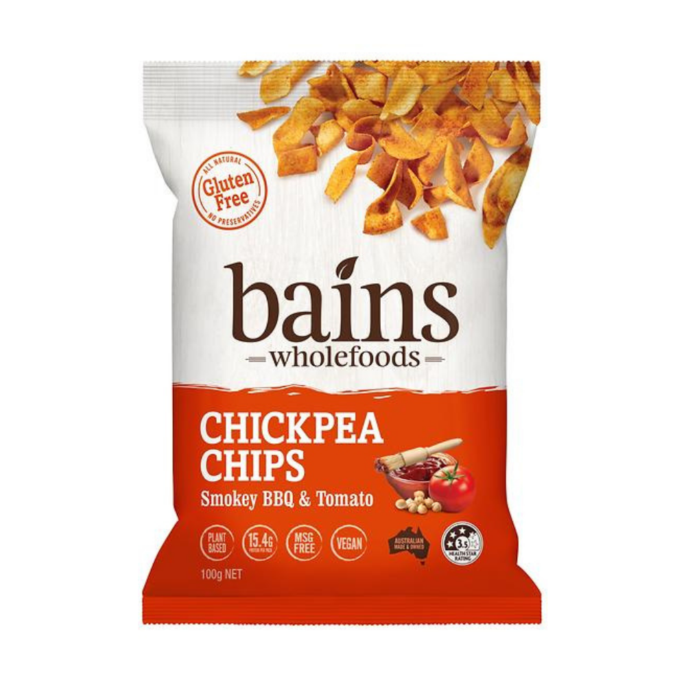 Bains Wholefood - Chickpea chips smokey BBQ & tomato white background with an orange bag of Bains Wholefood - Chickpea chips smokey BBQ & tomato