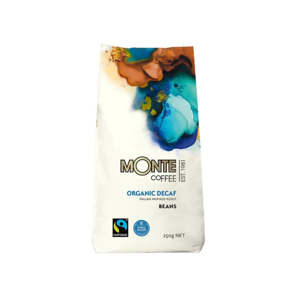 Monte Coffee - Organic decaf beans white backgroun with a blue bag of Monte Coffee - Organic decaf beans