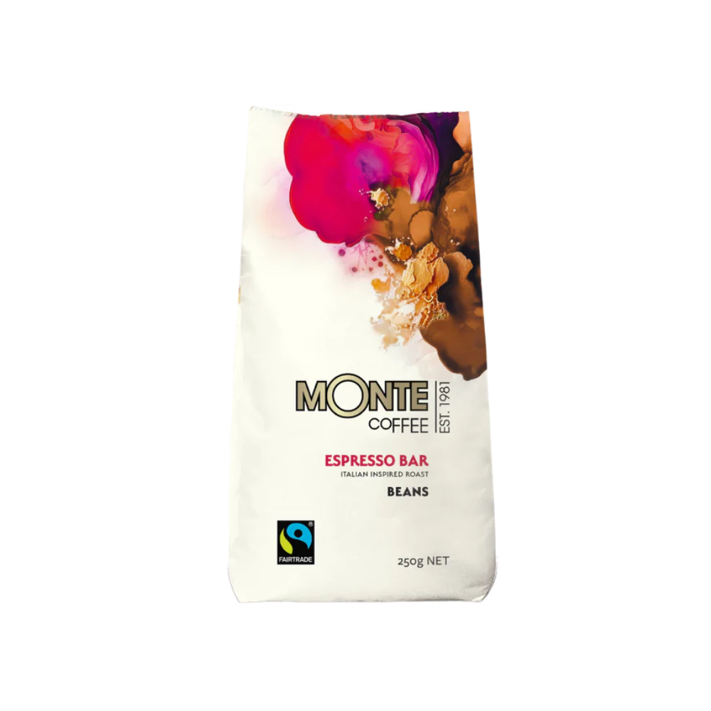Monte Coffee - Espresso bar beans white background with a pink bag of Monte Coffee - Espresso bar beans