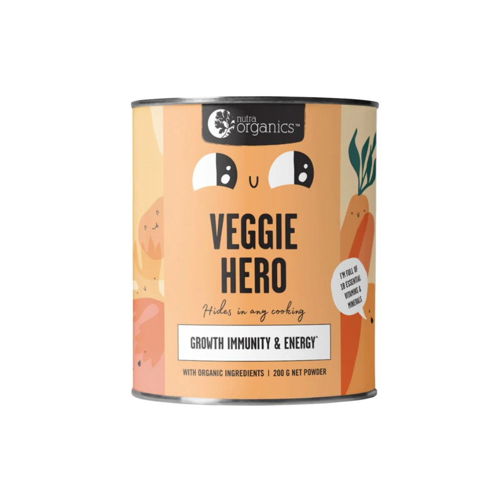 nutra organics veggie hero white background with an orange can of veggie hero