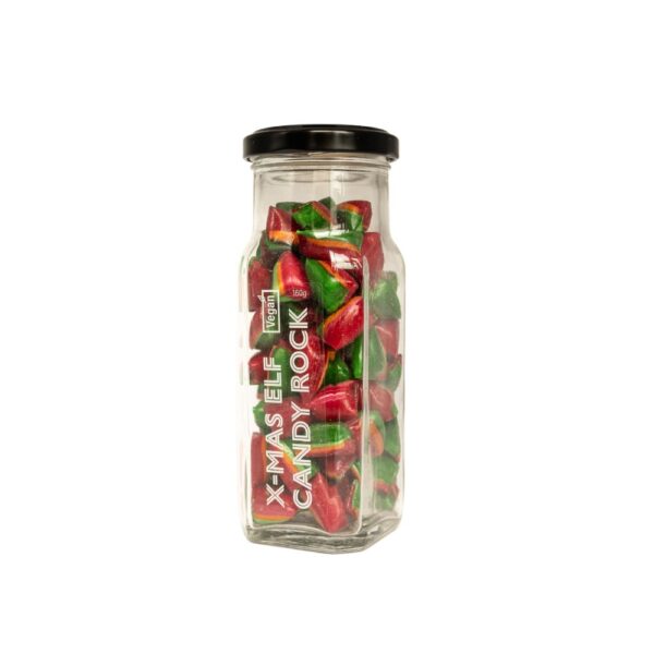 A white background image with a jar of Vegan x-mas elf candy rock
