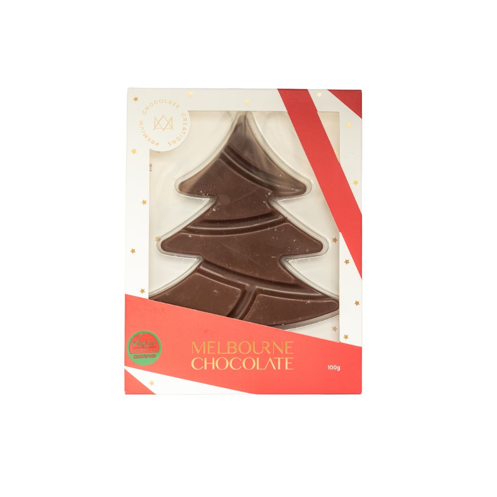 vegan mylk chocolate xmas tree A white background image with a box of vegan mylk chocolate xmas tree