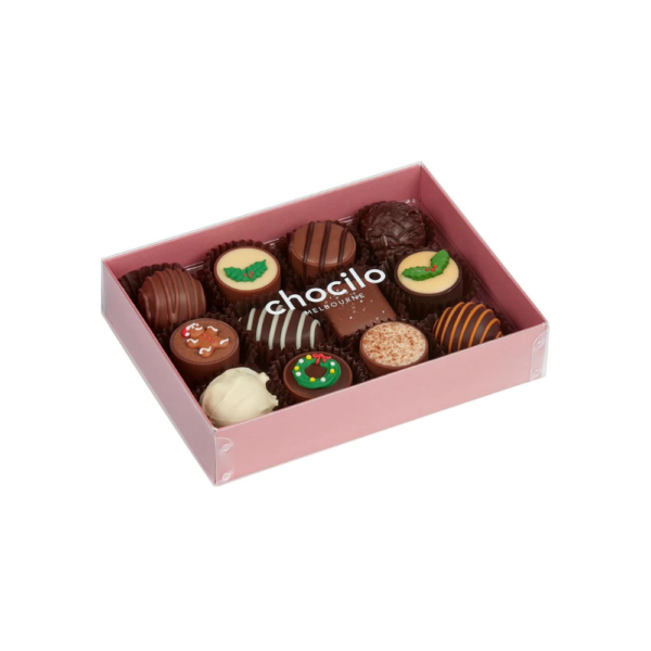 A white background image with a box of Christmas Chocolate Assortments