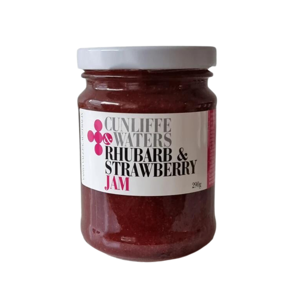 Rhubarb & strawberry jam A white background image with a jar of Rhubarb & strawberry jam