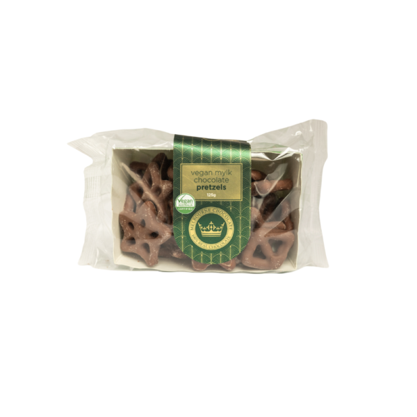 A white background image with a bag of Vegan mylk chocolate pretzels