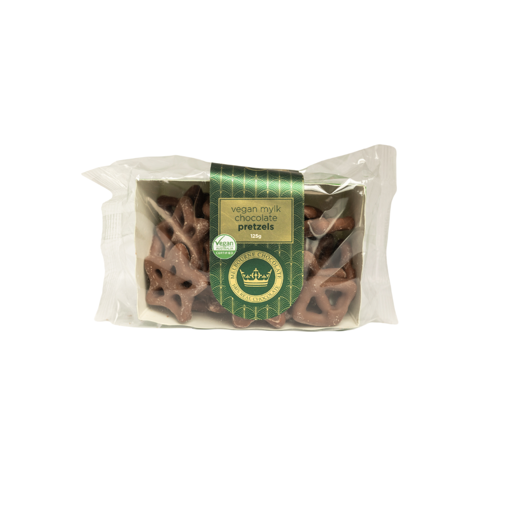 Vegan mylk chocolate pretzels A white background image with a bag of Vegan mylk chocolate pretzels