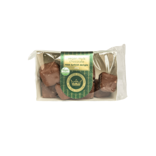 White background image with a bag of Vegan mylk chocolate rose turkish delight