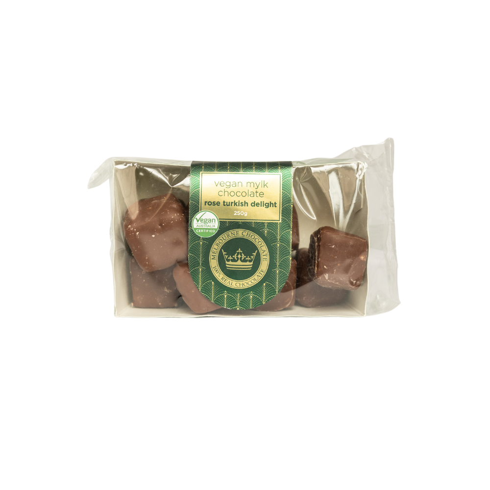 Vegan mylk chocolate rose turkish delight White background image with a bag of Vegan mylk chocolate rose turkish delight
