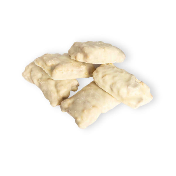 A white background image with a pile of almond apricot bites