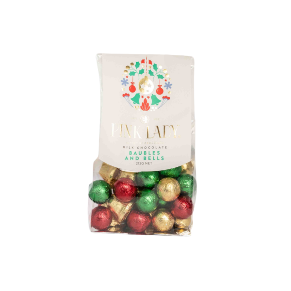 A white background image with a bag of Milk chocolate baubles and bells