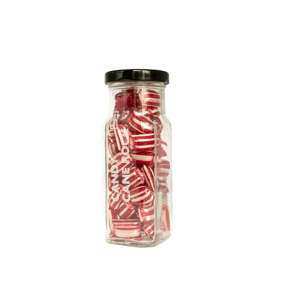 Vegan Candy cane rock A white background image with a Vegan Candy cane rock jar
