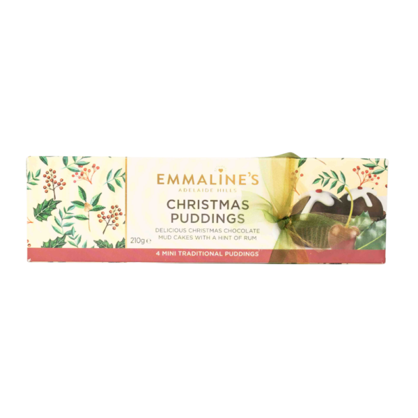 A white background image with a box of Emmaline's christmas puddings