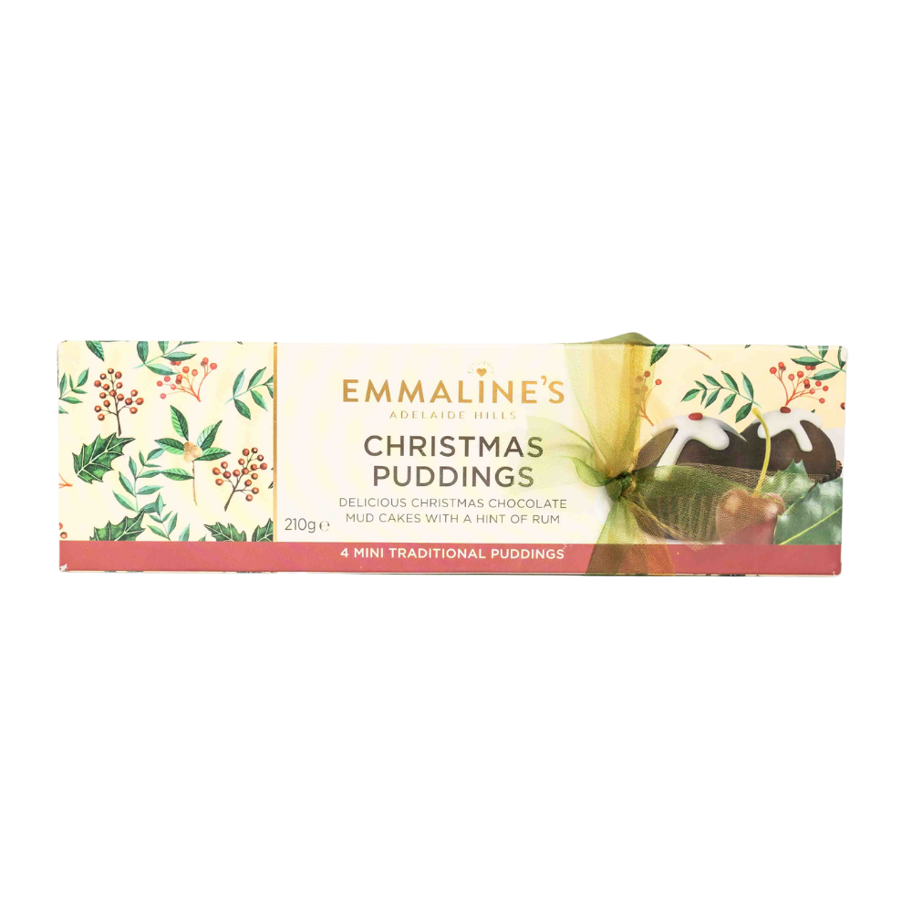Emmaline's christmas puddings A white background image with a box of Emmaline's christmas puddings