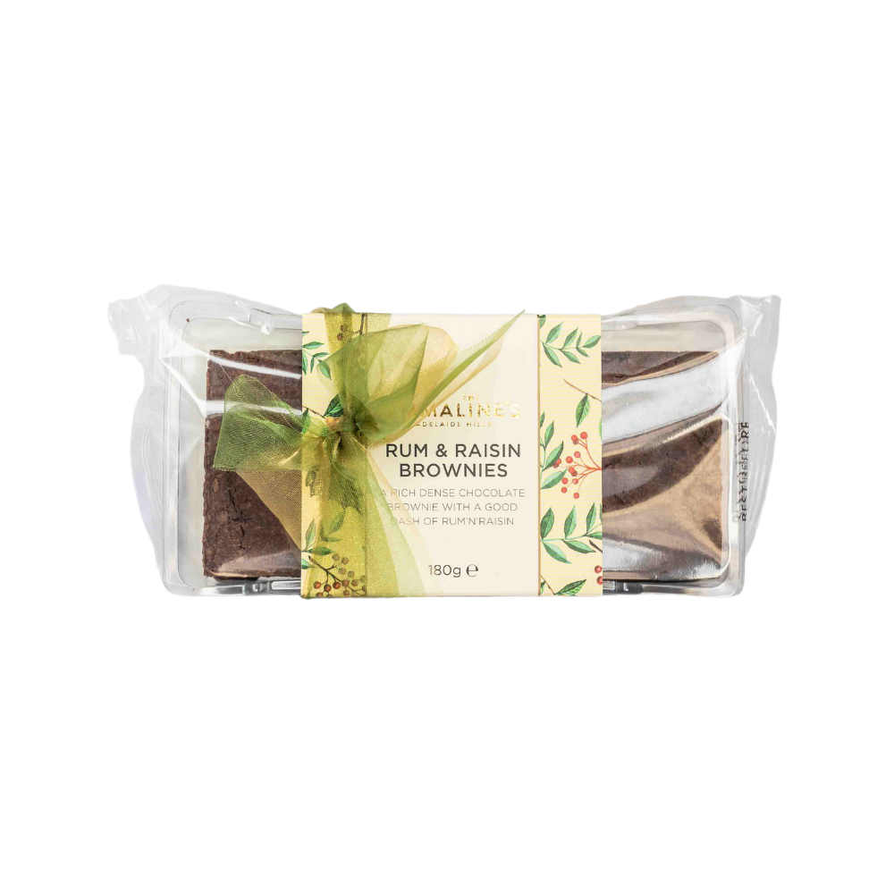 Emmaline's rom and raisin brownies A white background image with a box of Emmaline's rom and raisin brownies