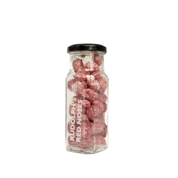 A white background image with a lar of Vegan rudolph red noses candy