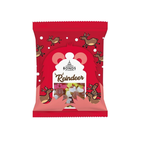 A white background image with a bag of reindeer gummies