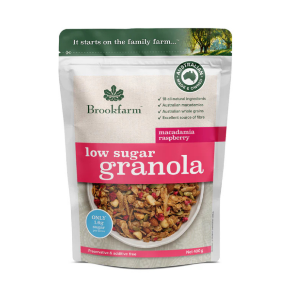 Brookfarm macadamia raspberry low sugar granola