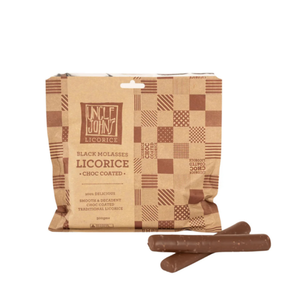 Uncle John's black molasses choc coated licorice