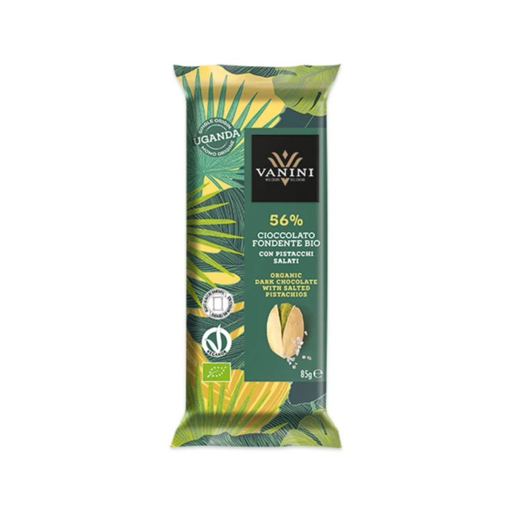Vanini 56% organic dark chocolate with salted pistachios
